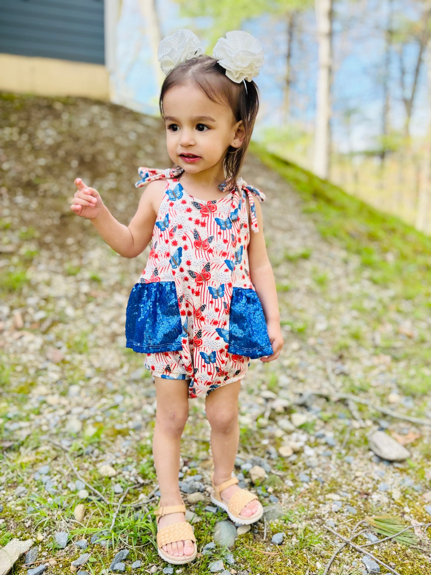 Custom Camellia Lace Panel Tie Strap Bubble Romper (upload file)