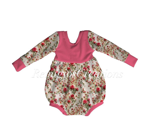 Pink Floral Embroidery Long Sleeve Magnolia Bubble