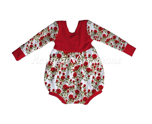 Red Floral Embroidery Long Sleeve Magnolia Bubble