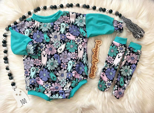 Purple Floral Ghost LS Sweater Romper