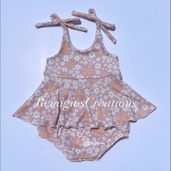 Custom Camellia Tie Strap Skirted Bubble Romper (upload file)