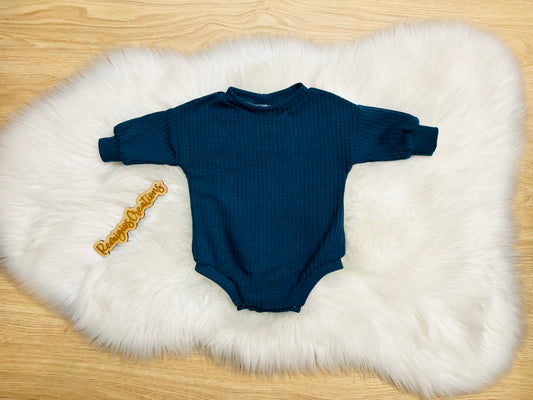 RTS 0-3 Teal Waffle LS Sweater Romper