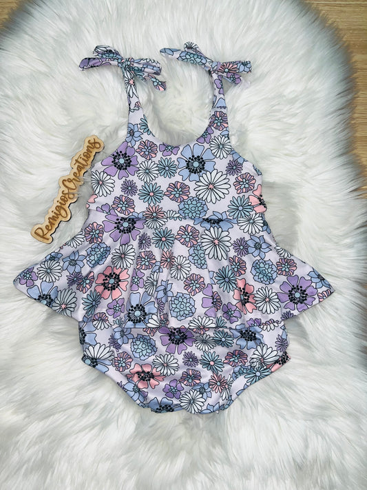 Purple Spring Floral Camellia Tie Strap Skirted Bubble Romper