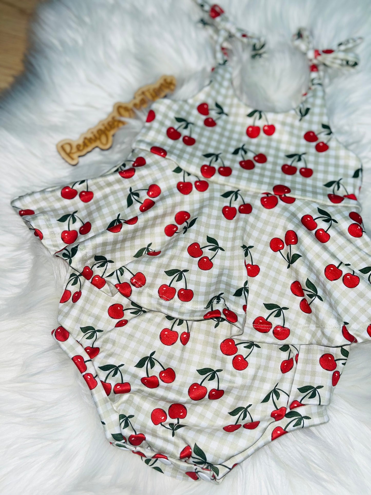 Cherry Plaid Camellia Tie Strap Skirted Bubble Romper