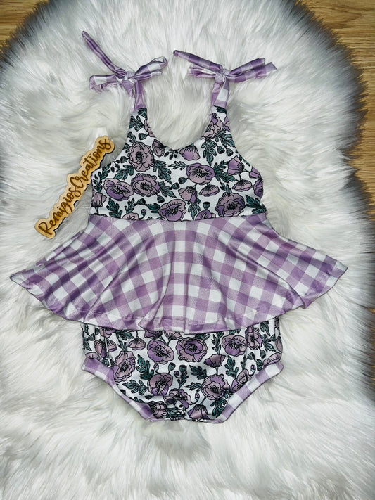 Purple Floral & Plaid Camellia Tie Strap Skirted Bubble Romper