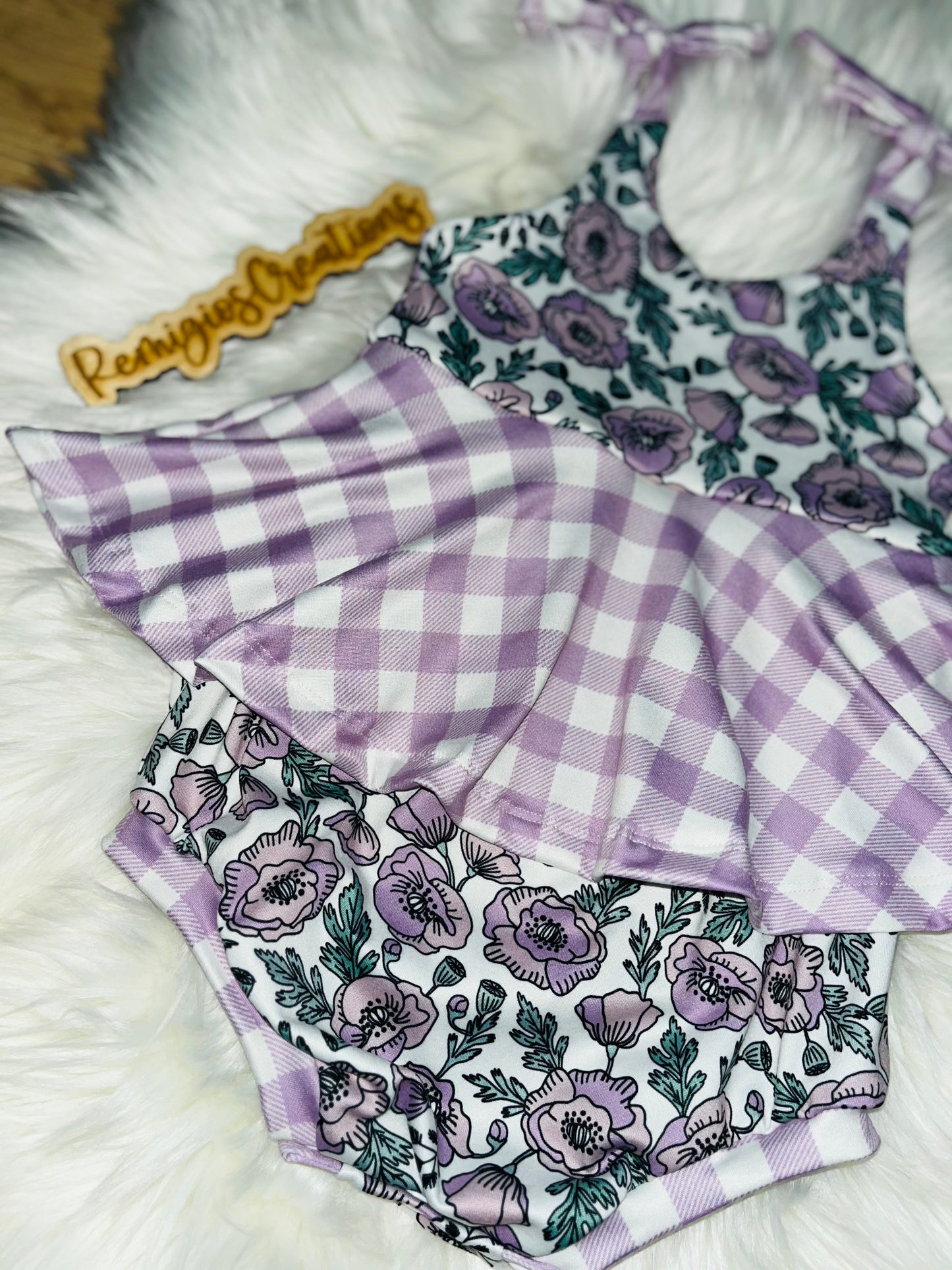 Purple Floral & Plaid Camellia Tie Strap Skirted Bubble Romper