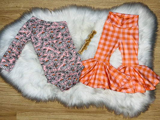 Peach Daisies One Shoulder Leo and Plaid Bells