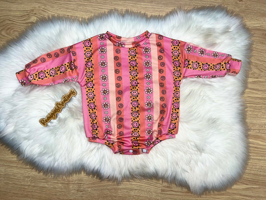 Pink Smiley Stripes LS Sweater Romper