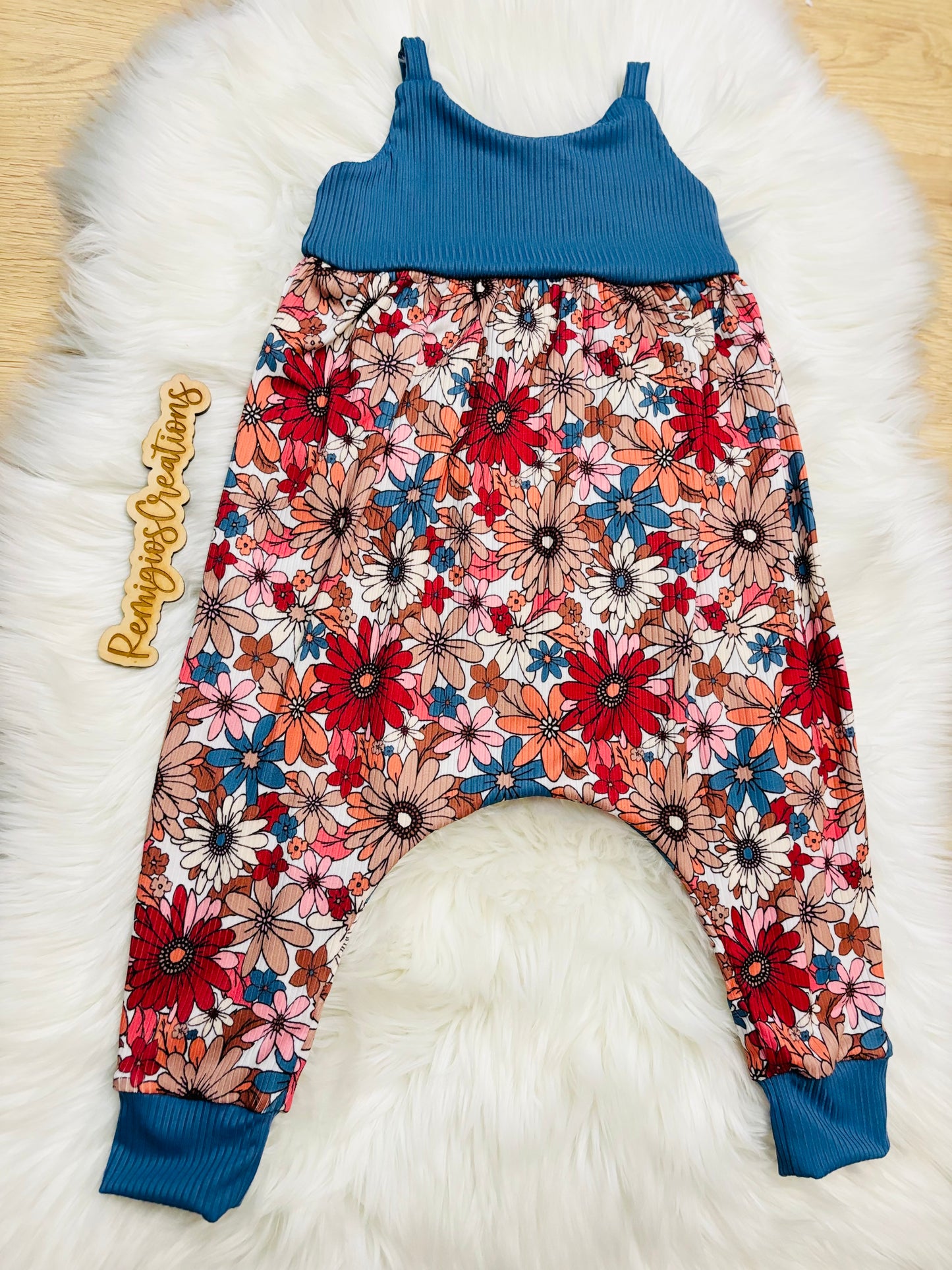 RTS 12 month Blue floral Napa Romper