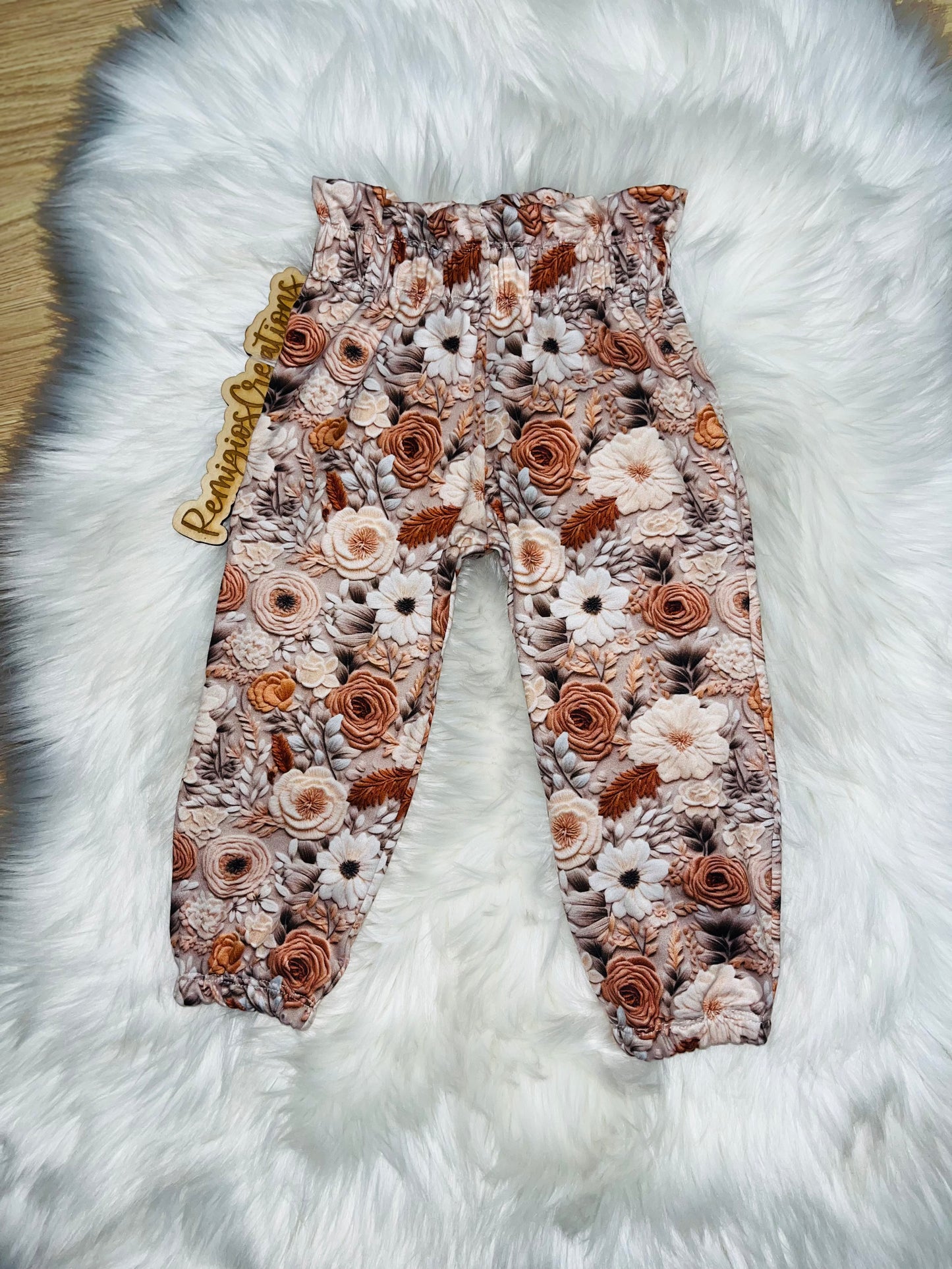 Neutral Embroidery Floral Ruffle Pants